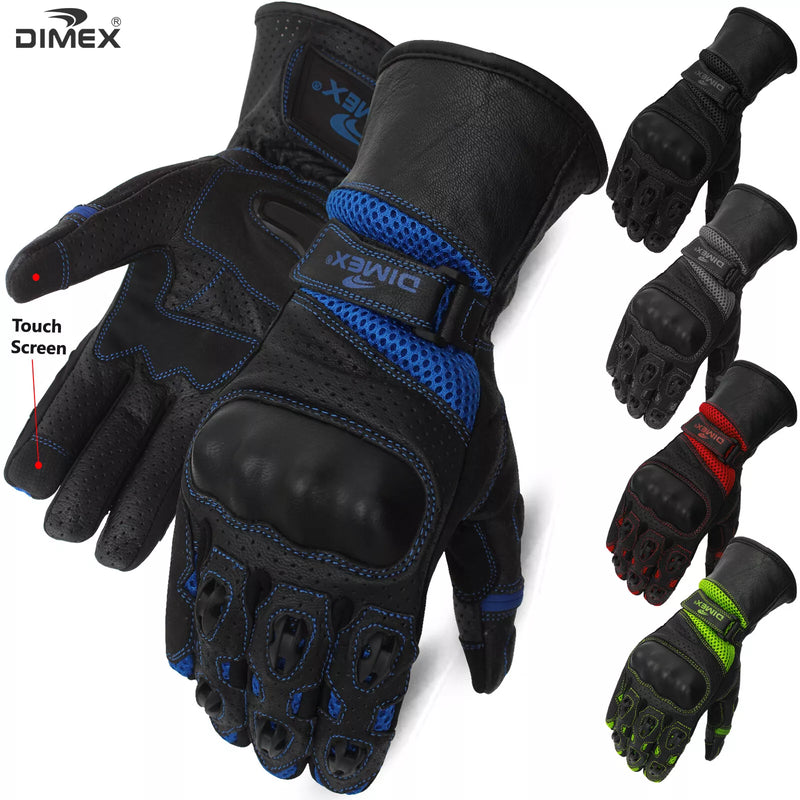 Dimex leather motorcycle gloves with hard knuckle protection, anti-slip grip, touch screen feature, and multiple color options.