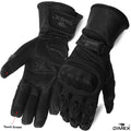 Dimex leather motorcycle gloves with knuckle protection, touch screen fingertips, hard carbon guard, and anti-slip rubber palm for a snug fit.