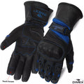 Dimex leather motorcycle gloves with knuckle protection, touch screen compatibility, and anti-slip grip on palms, shown in black and blue.